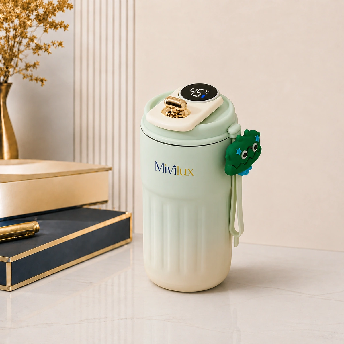 Cốc giữ nhiệt kèm charm đeo xinh xắn, 450ml màu xanh  hiển thị nhiệt độ