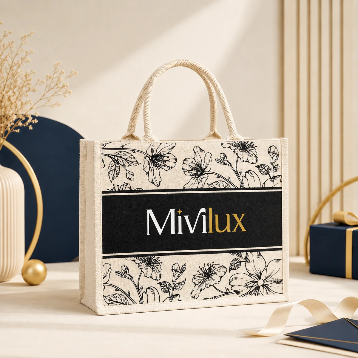 Túi tote canvas in logo doanh nghiệp họa tiết màu đen