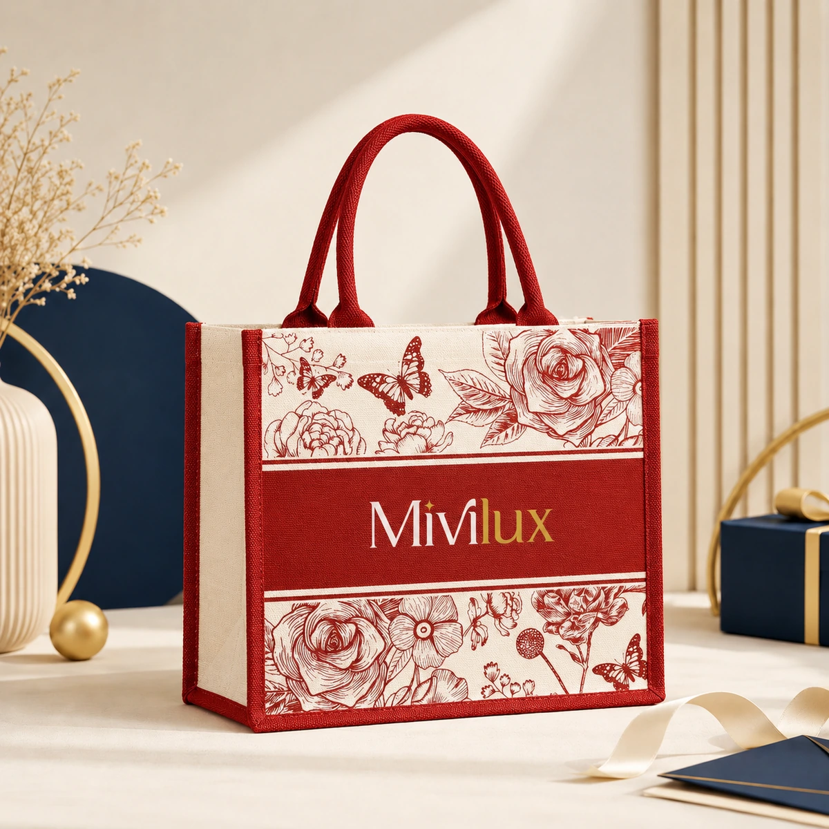 Túi tote canvas in logo doanh nghiệp họa tiết màu đỏ