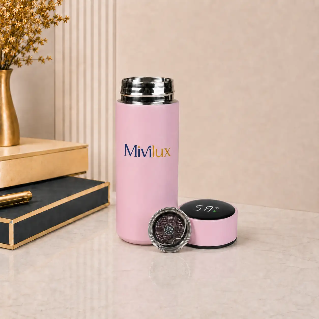 Bình giữ nhiệt in logo 350ml màu hồng họa tiết trơn hiển thị nhiệt độ
