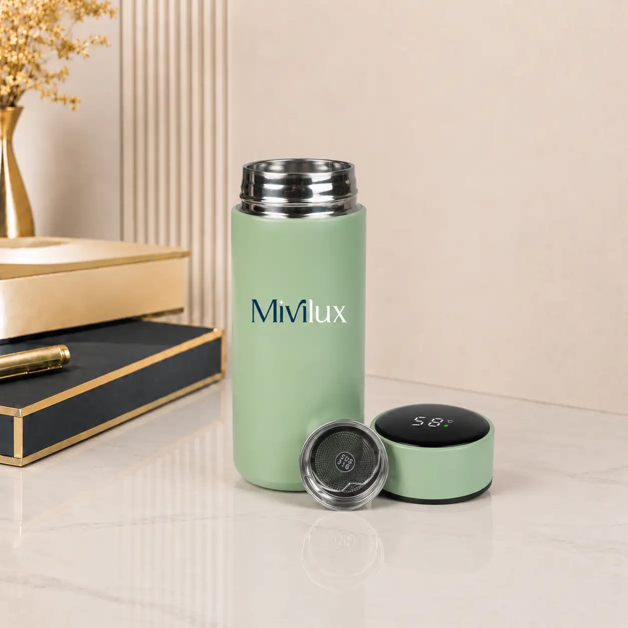 Bình giữ nhiệt in logo 350ml xanh matcha hoạ tiết trơn hiển thị nhiệt độ