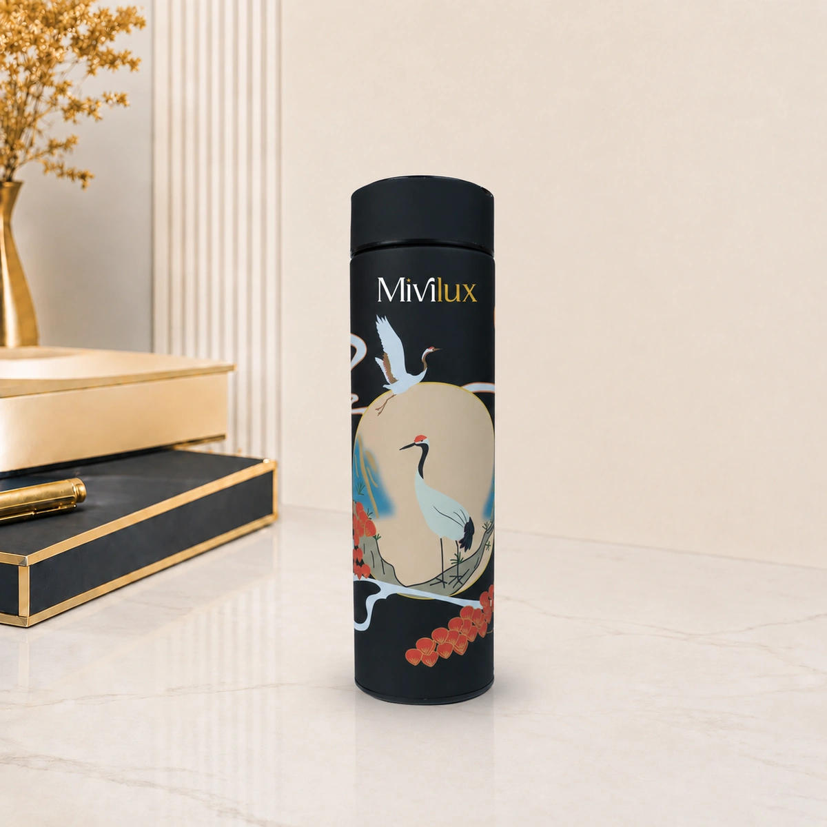 Bình giữ nhiệt in logo 480ml màu đen hoạ tiết hoa văn sang trọng hiển thị nhiệt độ