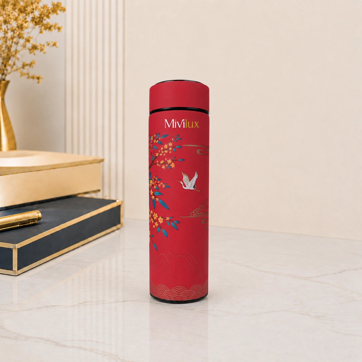 Bình giữ nhiệt in logo 480ml màu đỏ hoạ tiết hoa văn sang trọng hiển thị nhiệt độ