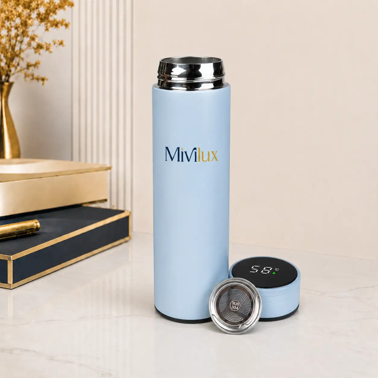 Bình giữ nhiệt in logo 480ml xanh dương hoạ tiết trơn hiển thị nhiệt độ
