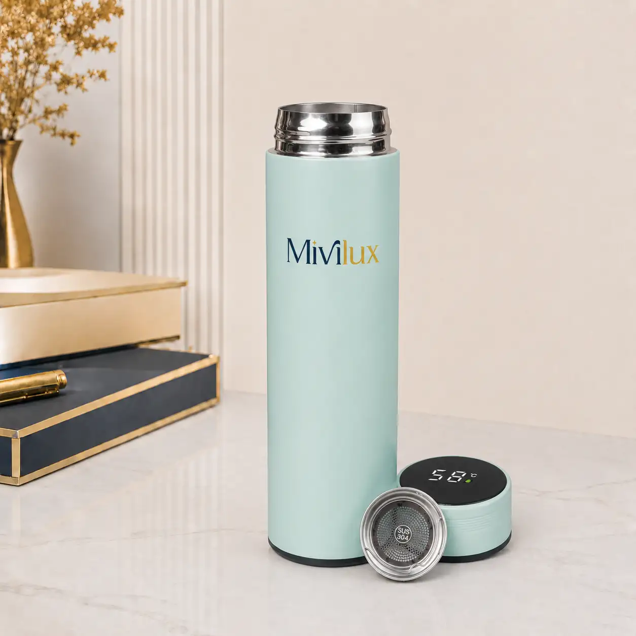 Bình giữ nhiệt in logo 480ml xanh mint hoạ tiết trơn hiển thị nhiệt độ