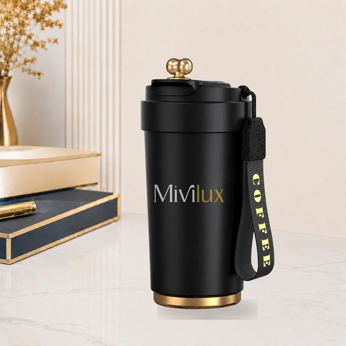 Cốc giữ nhiệt 450ml màu đen họa tiết trơn hiển thị nhiệt độ