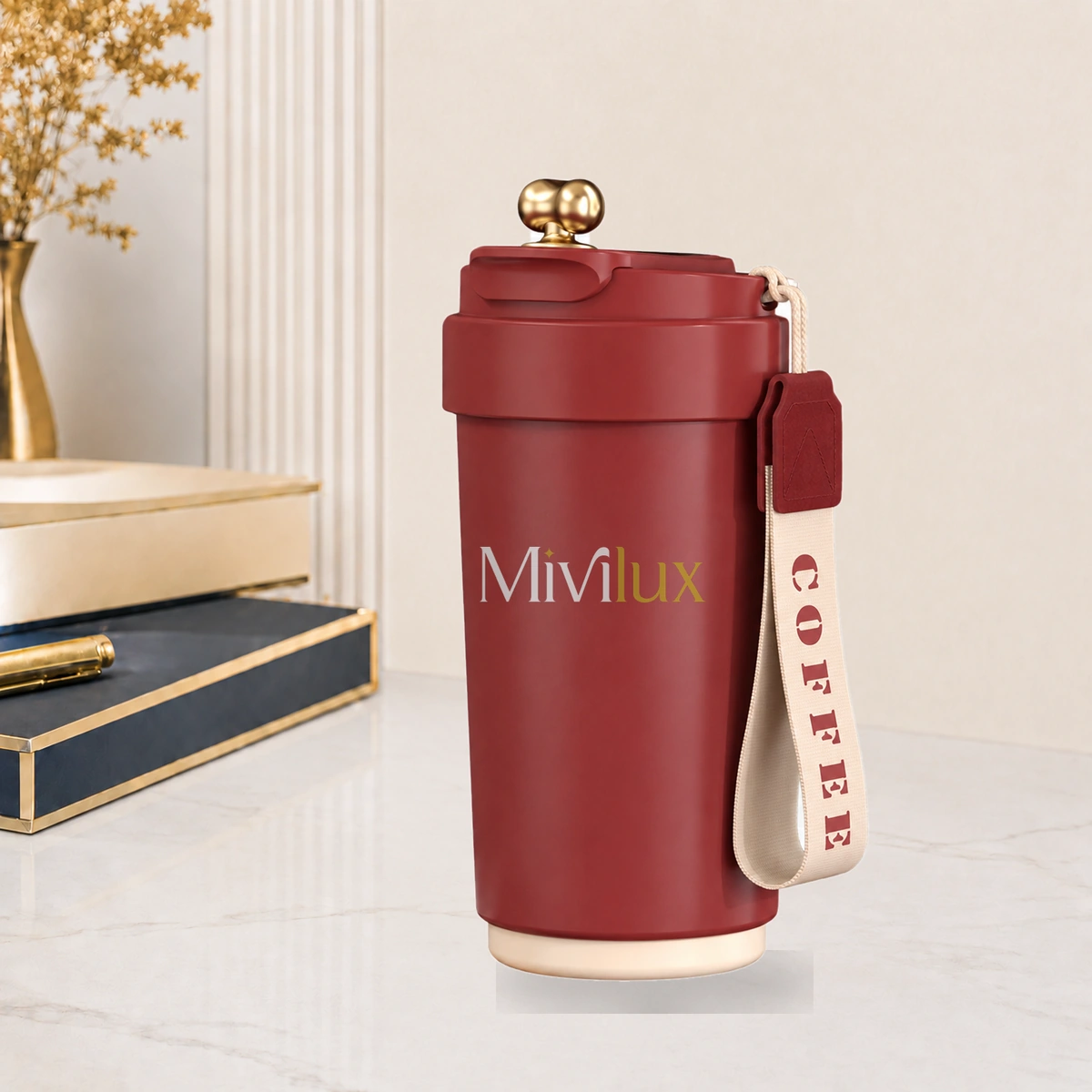 Cốc giữ nhiệt 450ml màu đỏ họa tiết trơn hiển thị nhiệt độ