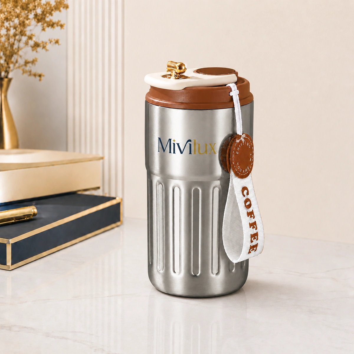 Cốc giữ nhiệt 450ml nâu bạc họa tiết trơn hiển thị nhiệt độ