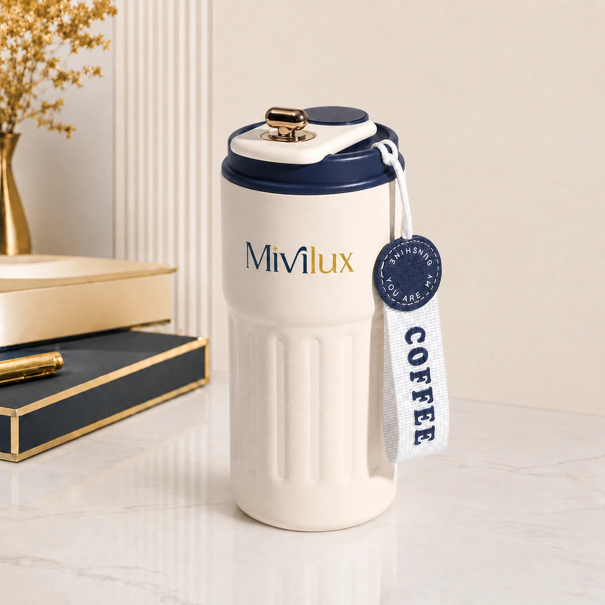 Cốc giữ nhiệt 450ml xanh be họa tiết trơn hiển thị nhiệt độ