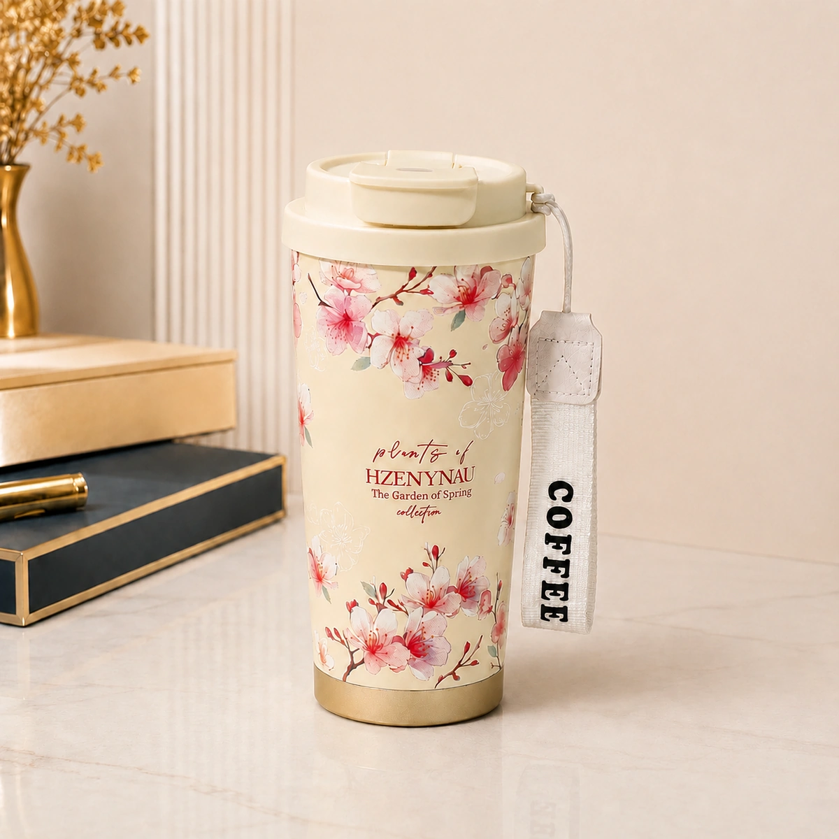 Cốc giữ nhiệt 530ml hoạ tiết 5D màu hồng hoa văn