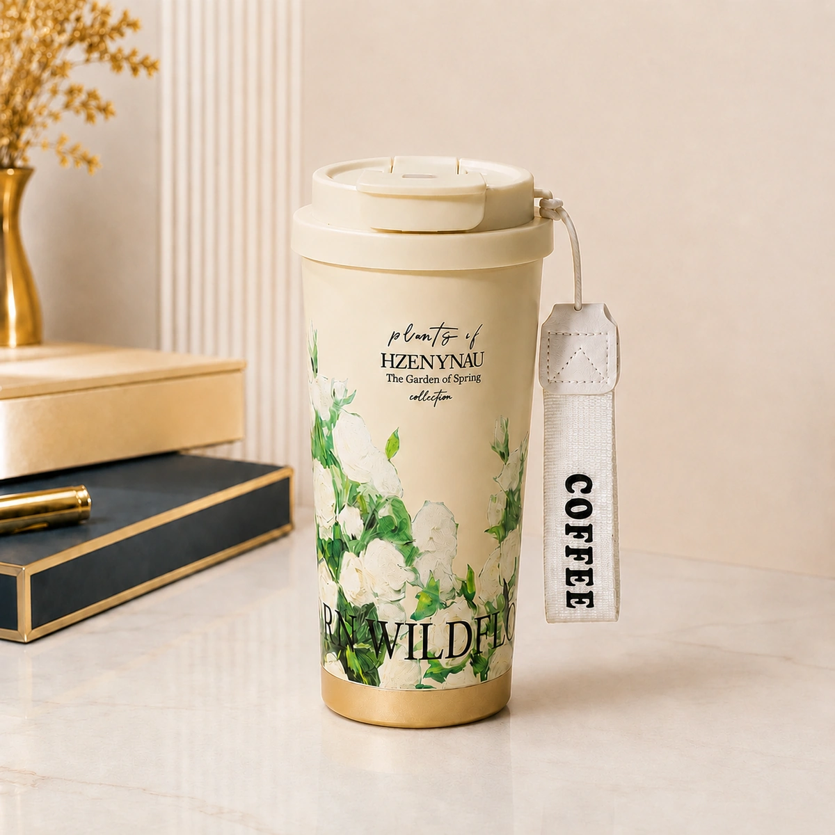 Cốc giữ nhiệt 530ml hoạ tiết 5D xanh lá hoa văn