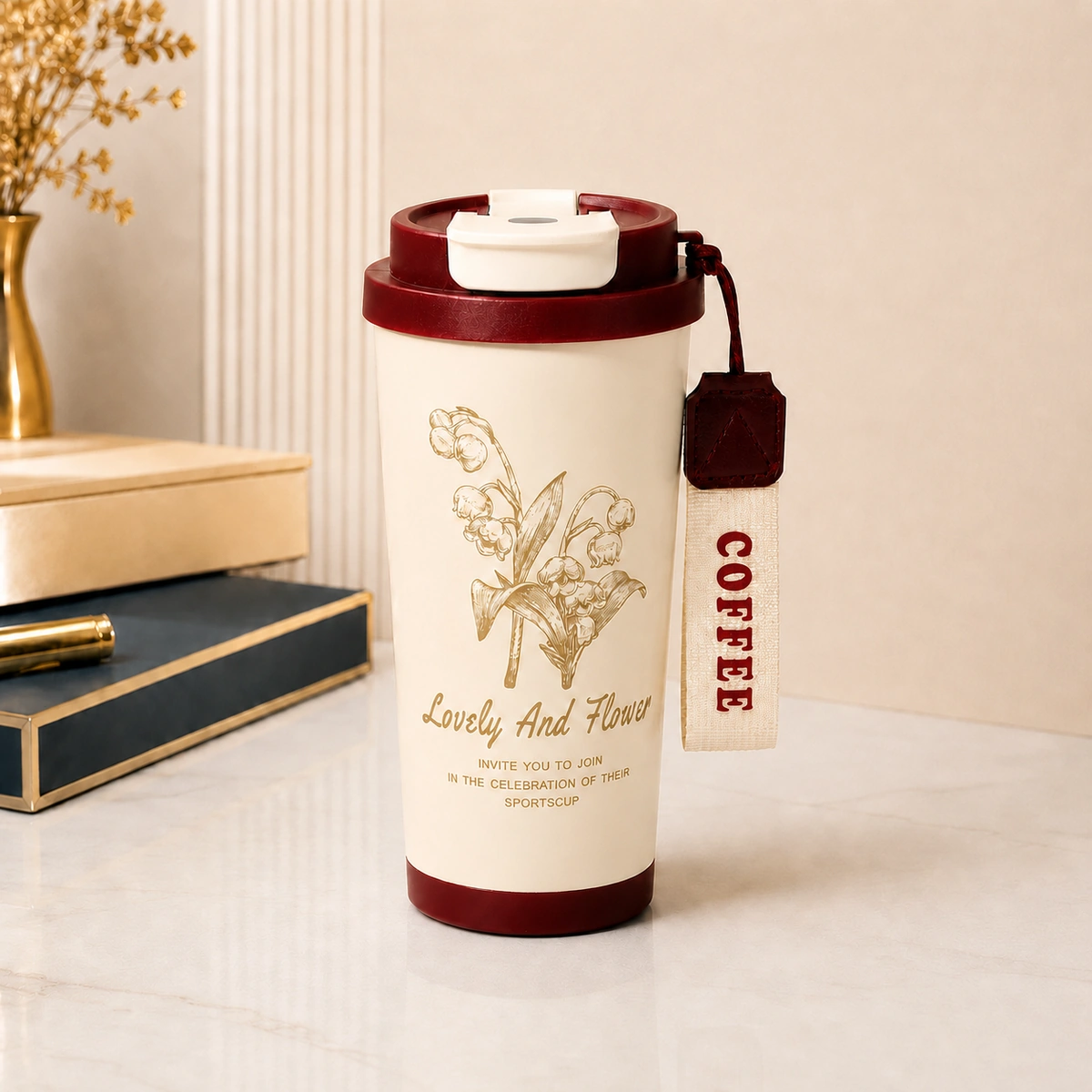 Cốc giữ nhiệt 530ml màu đỏ hoạ tiết 1 mặt hoa văn