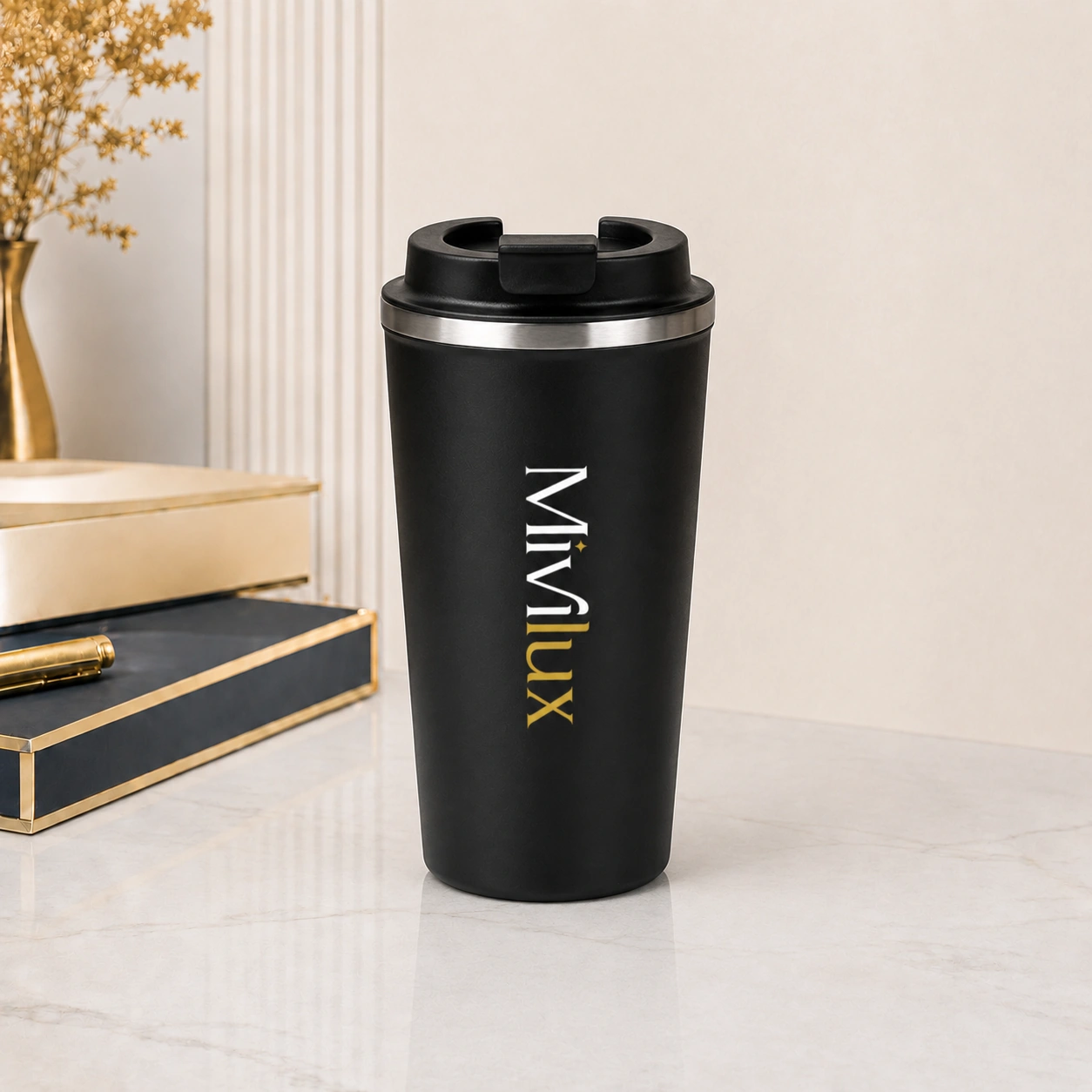 Cốc giữ nhiệt in logo 500ml màu đen họa tiết trơn