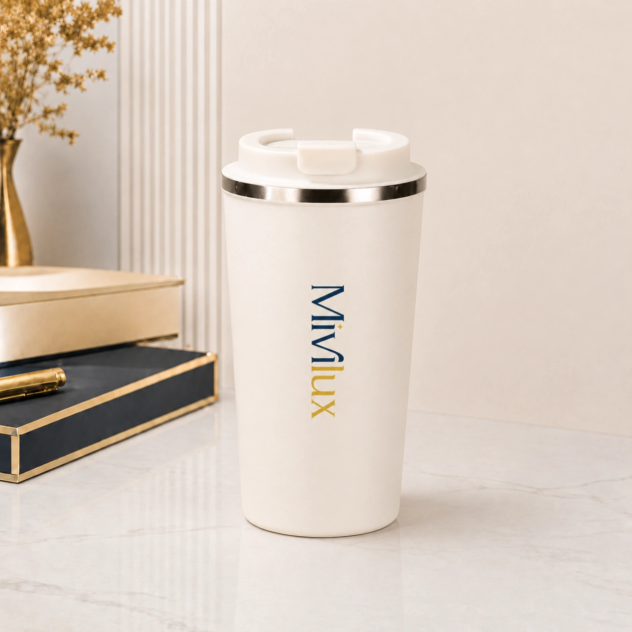 Cốc giữ nhiệt in logo 500ml màu trắng họa tiết trơn