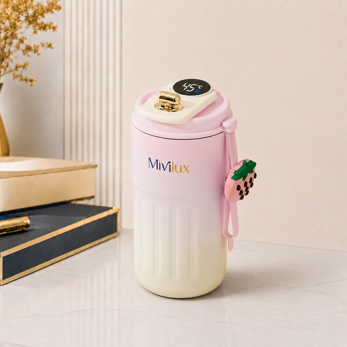 Cốc giữ nhiệt kèm charm đeo xinh xắn, 450ml màu hồng hiển thị nhiệt độ