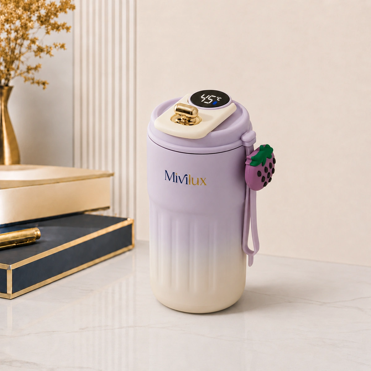 Cốc giữ nhiệt kèm charm đeo xinh xắn, 450ml màu tím hiển thị nhiệt độ
