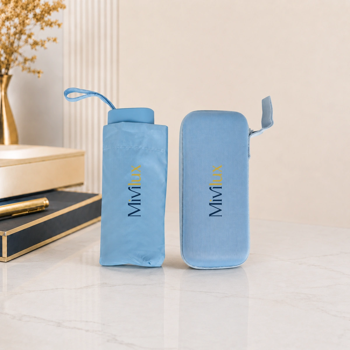 Ô dù mini cầm tay in logo màu xanh dương