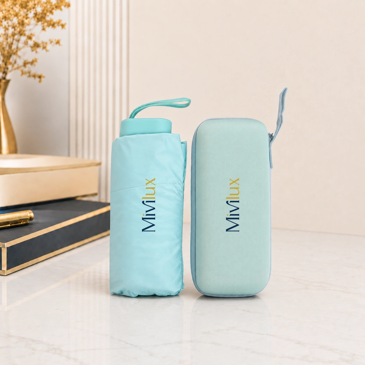 Ô dù mini cầm tay in logo màu xanh mint