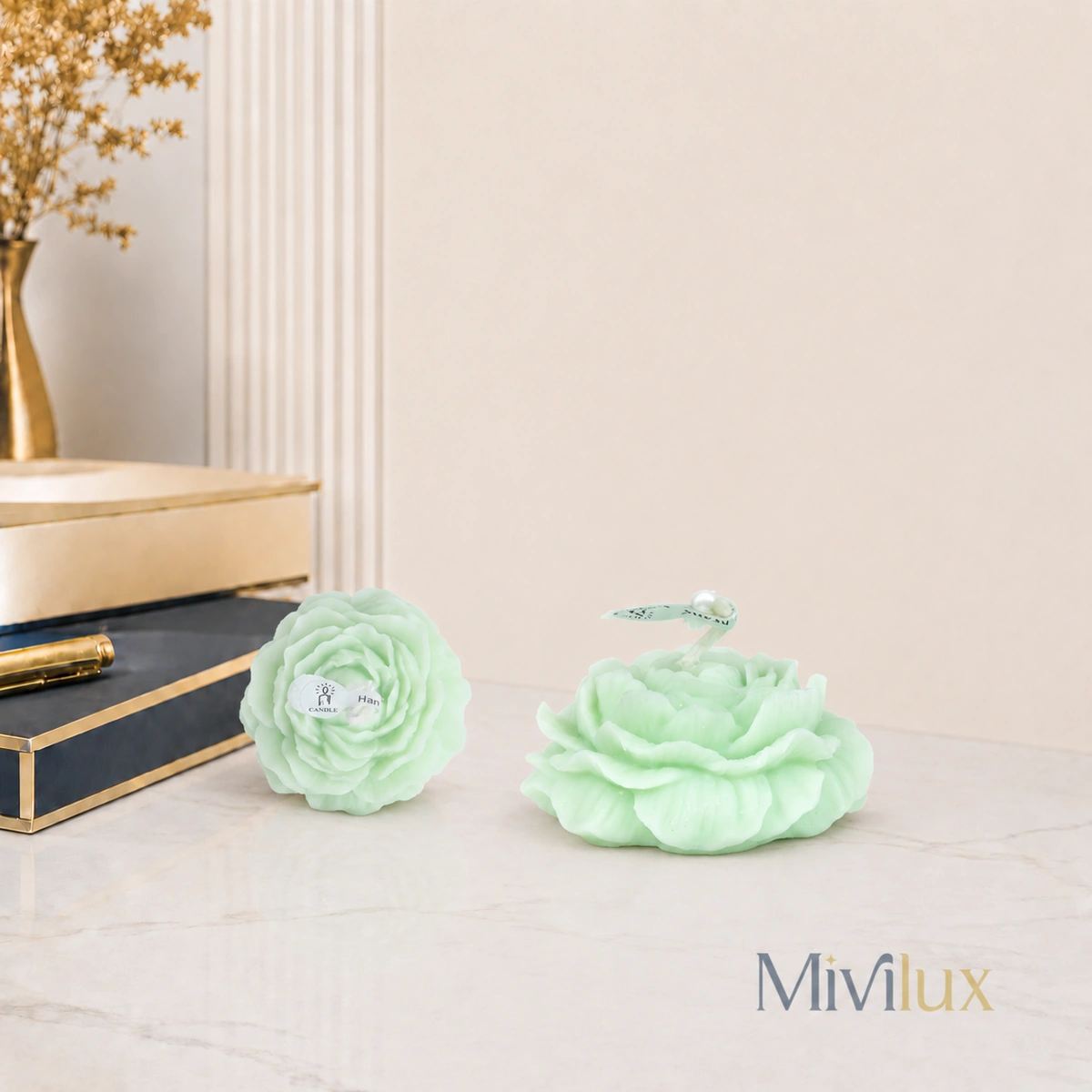 Quà tặng nến thơm hoa mẫu đơn màu xanh mint