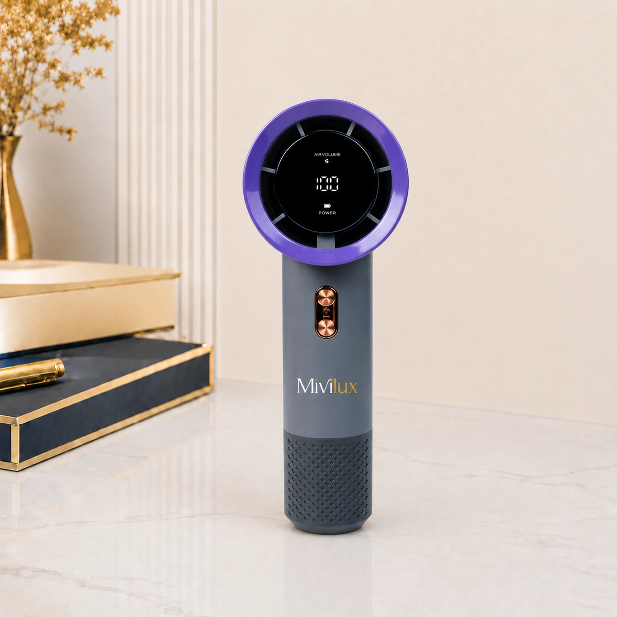 Quạt mini cầm tay in logo màu ghi tím pin siêu lâu  nhiều tốc độ gió mát
